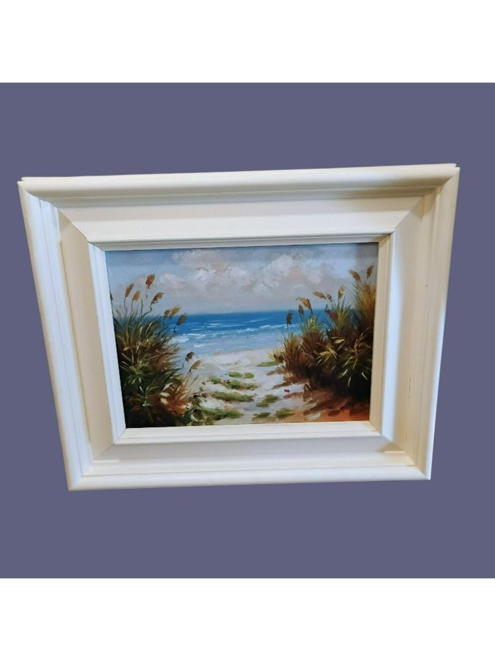 Beach Scene Oil Painting With White Wood Frame 23x19 Coastal Artwork Ocean View